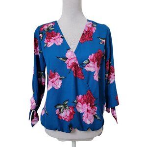 West Kei Size S Blue Floral Dahlia V-Neck Crossover Blouse, 3/4 Sleeve w/Ties
